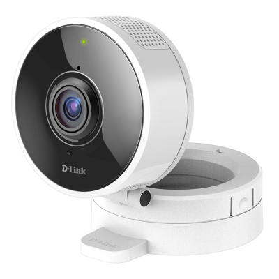 Câmara de segurança D-Link branca e preta com base ajustável.