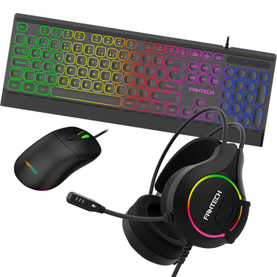 Conjunto de teclado, rato e auscultadores RGB pretos da FANTECH.