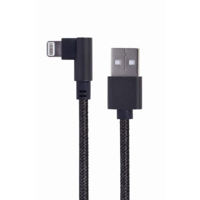 Cabo USB preto com conector de ângulo reto em fundo branco