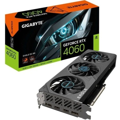 Placa gráfica Gigabyte GeForce RTX 4060 com três ventoinhas e embalagem colorida