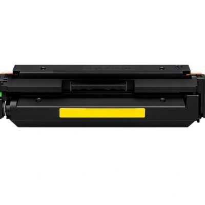 Cartucho de toner preto com rótulo amarelo e detalhes em verde