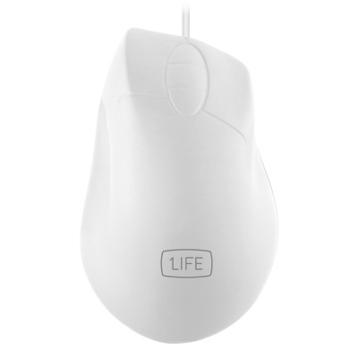 Rato de computador branco com fio e texto 1LIFE