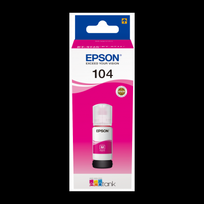 Frasco de tinta Epson 104 magenta em embalagem rosa e azul