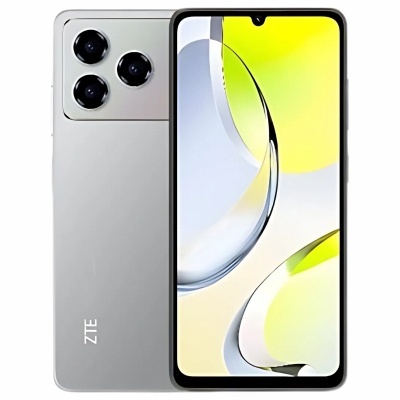 Smartphone ZTE cinzento com três câmaras traseiras e ecrã frontal com imagem abstrata