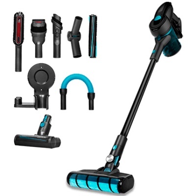 Aspirador vertical sem fios preto e azul com múltiplos acessórios