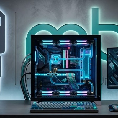 Setup de computador com torre iluminada e monitor com texto mbr motherboard repair