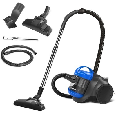 Aspirador de pó compacto preto e azul com acessórios