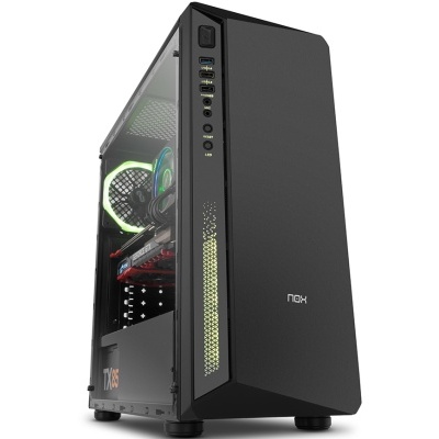 Computador de secretária preto com iluminação LED e laterais em vidro transparente