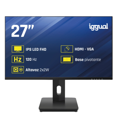 Monitor de 27 polegadas com suporte pivotante e especificações técnicas no ecrã