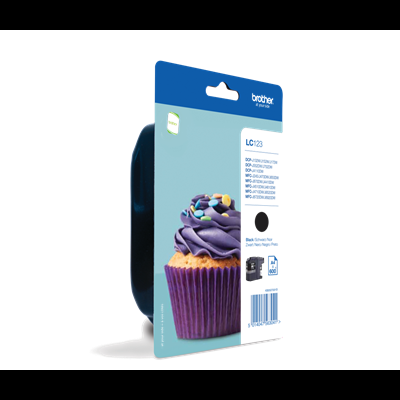 Embalagem azul e cinzenta com imagem de cupcake roxo e texto técnico Brother LC229