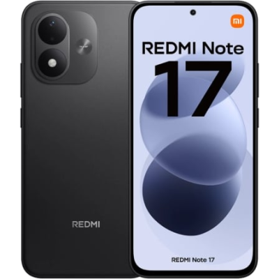 Smartphone Redmi Note 17 preto com câmaras traseiras e ecrã frontal