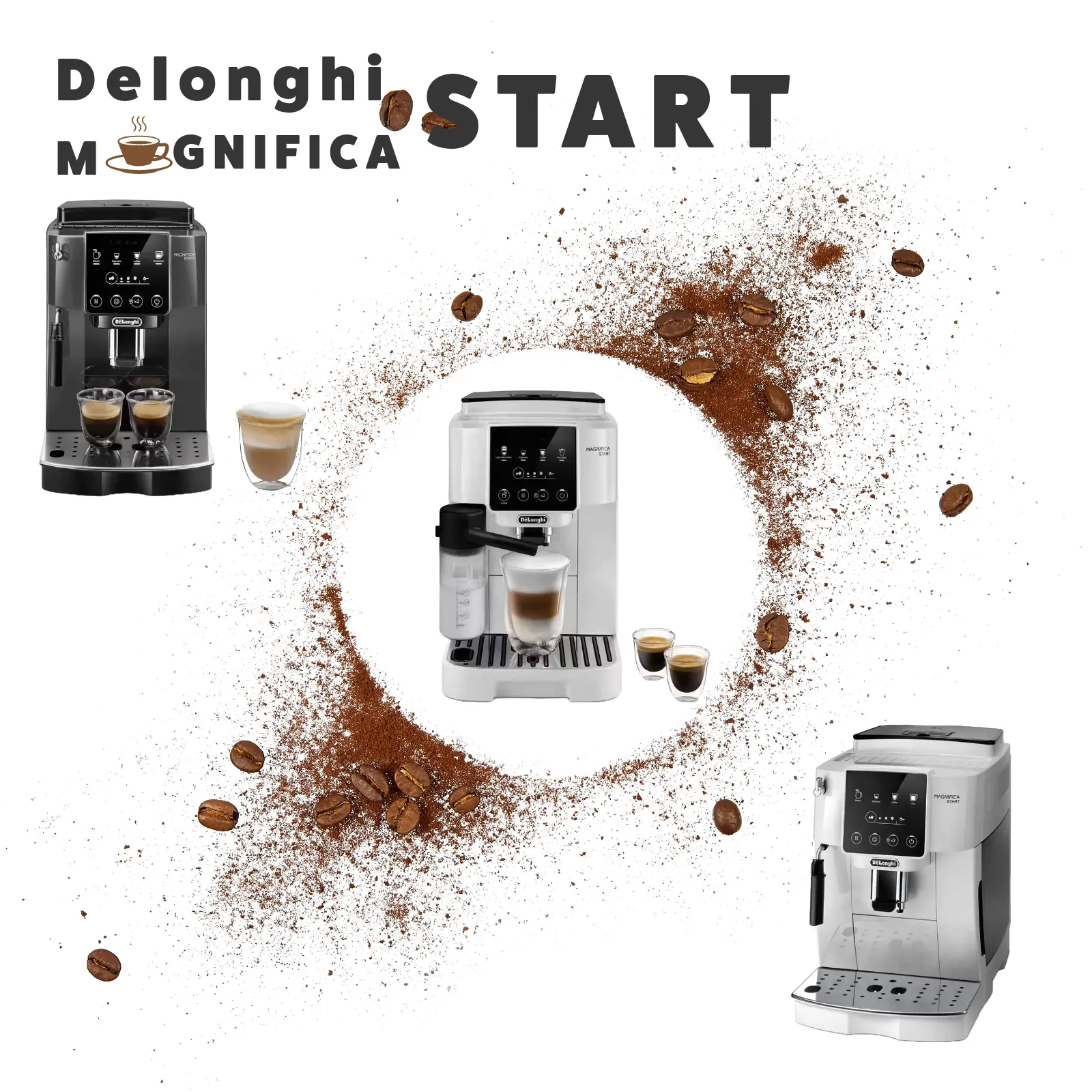 Três máquinas de café expresso DeLonghi Magnifica S START em diferentes cores com grãos e pó de café ao redor.