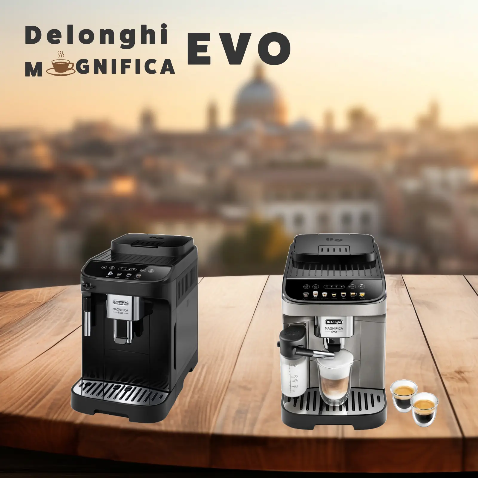 Duas máquinas de café Delonghi Magnifica EVO sobre mesa de madeira com café e fundo urbano desfocado