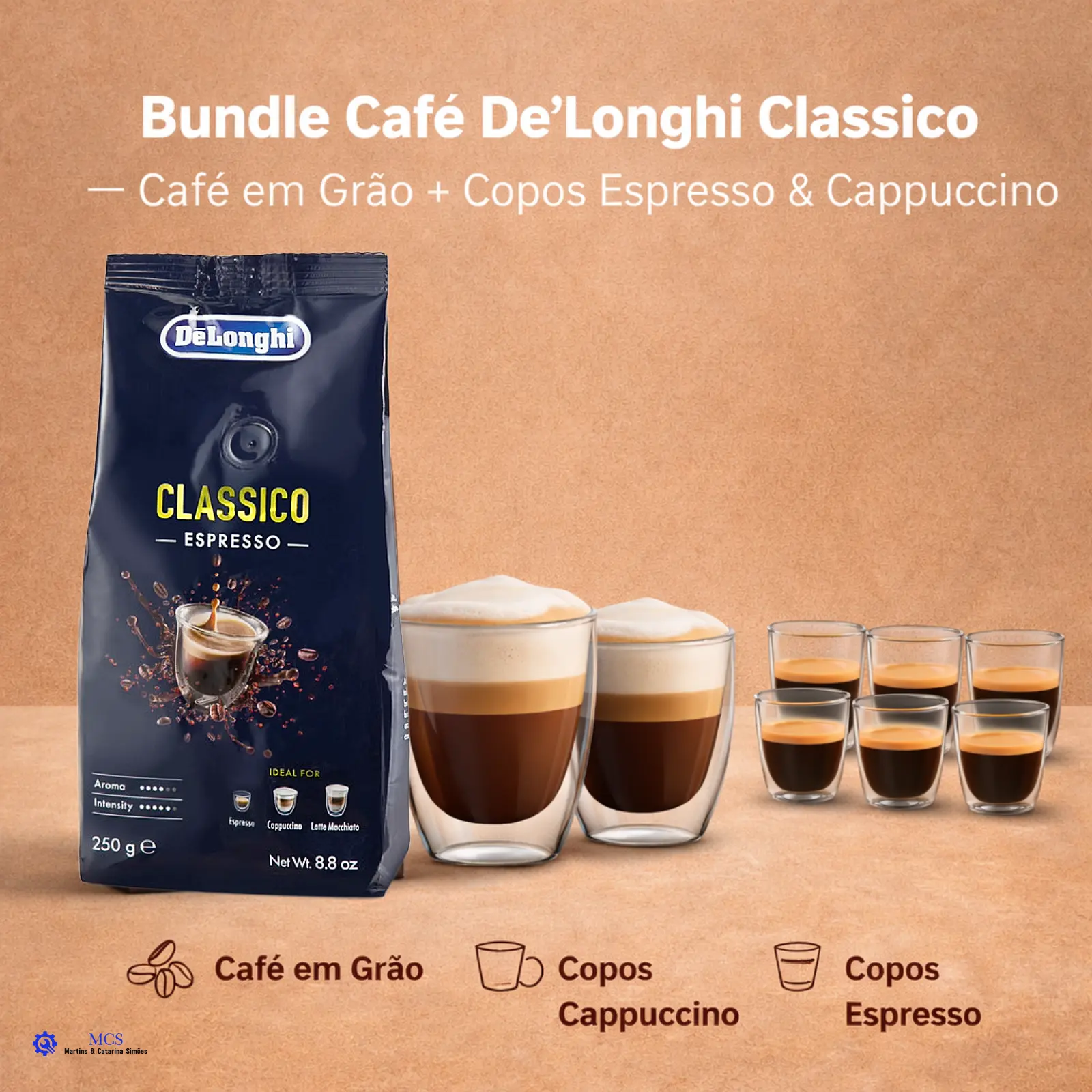 Bundle Ritual do Café Italiano – De’Longhi Classico com Copos Espresso e Cappuccino Pacote de café DeLonghi Classico com copos de cappuccino e espresso