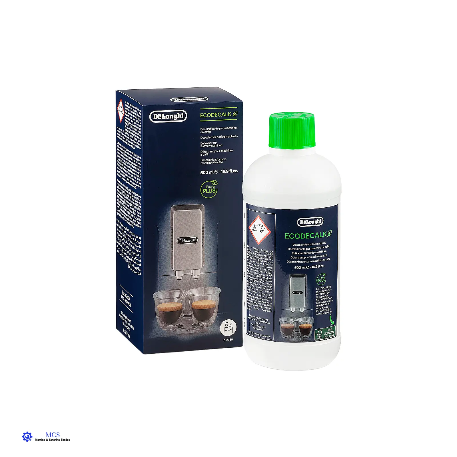 Descalcificante Delonghi Ecodecalk 500ml Frasco branco de descalcificador Delonghi ECO DECALK com tampa verde e caixa azul ao lado