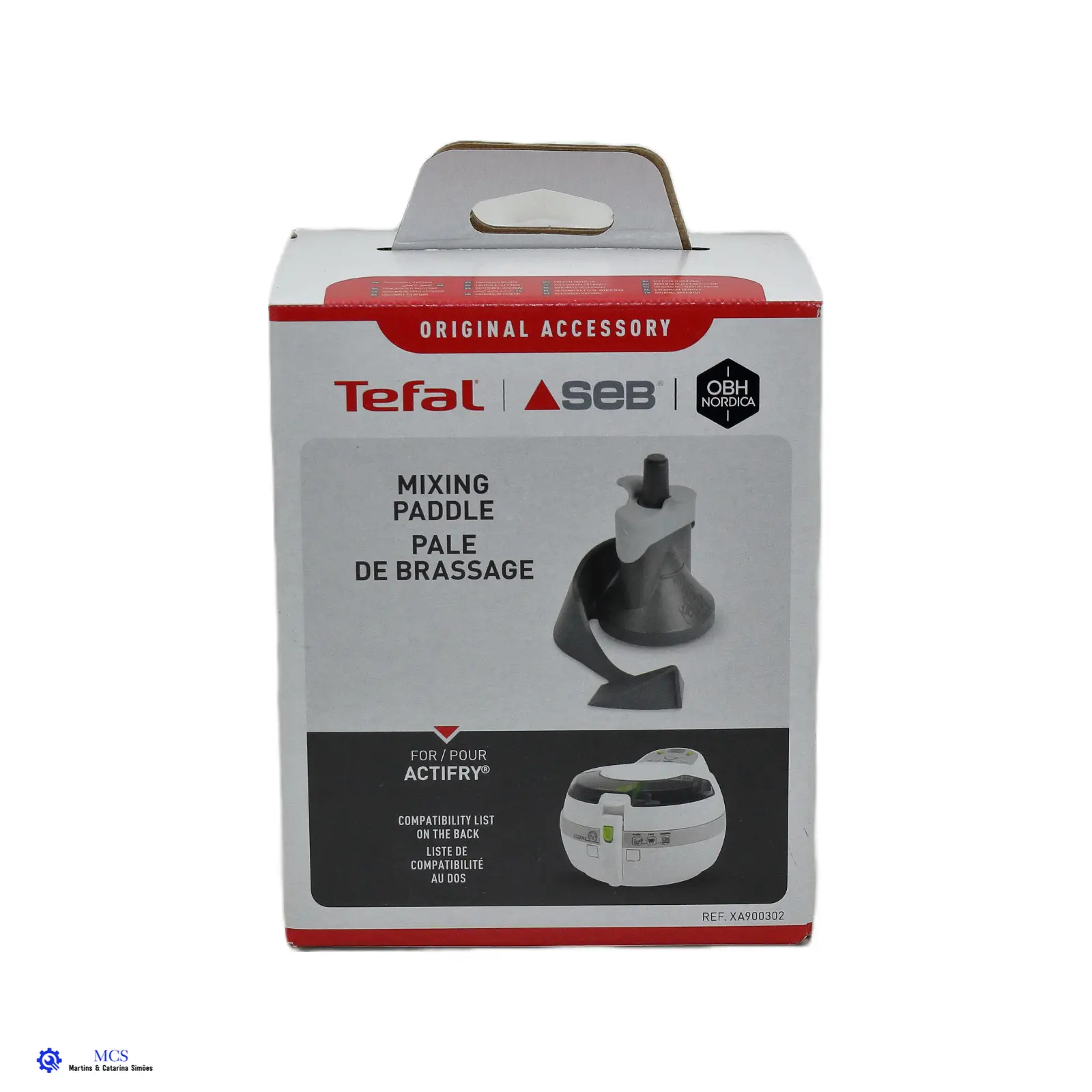 Pá Misturadora Tefal Actifry XA900302 Embalagem branca e vermelha com acessório para misturador Tefal SEB OBH Nordica
