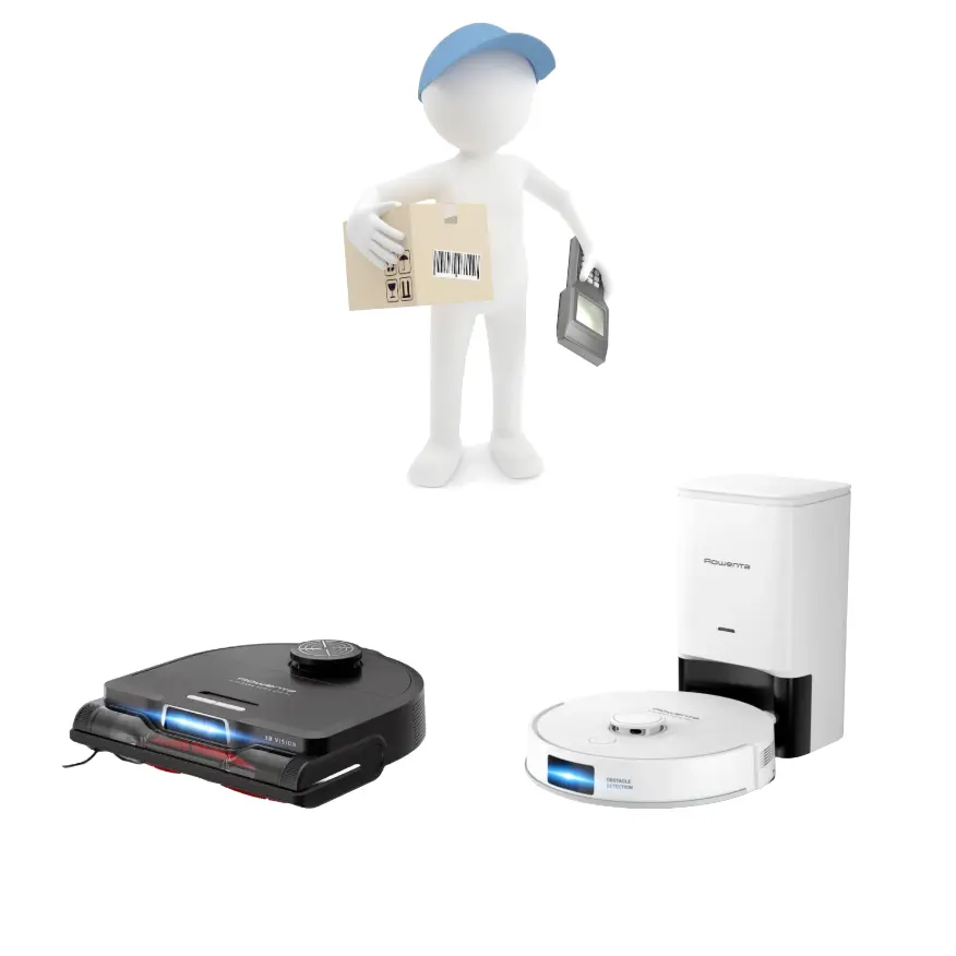 Serviço Recolha e Entrega Engomar e Aspiração - Diagnóstico e Reparação Duas aspiradoras robotizadas Rowenta e boneco branco com boné azul segurando caixa e leitor de código