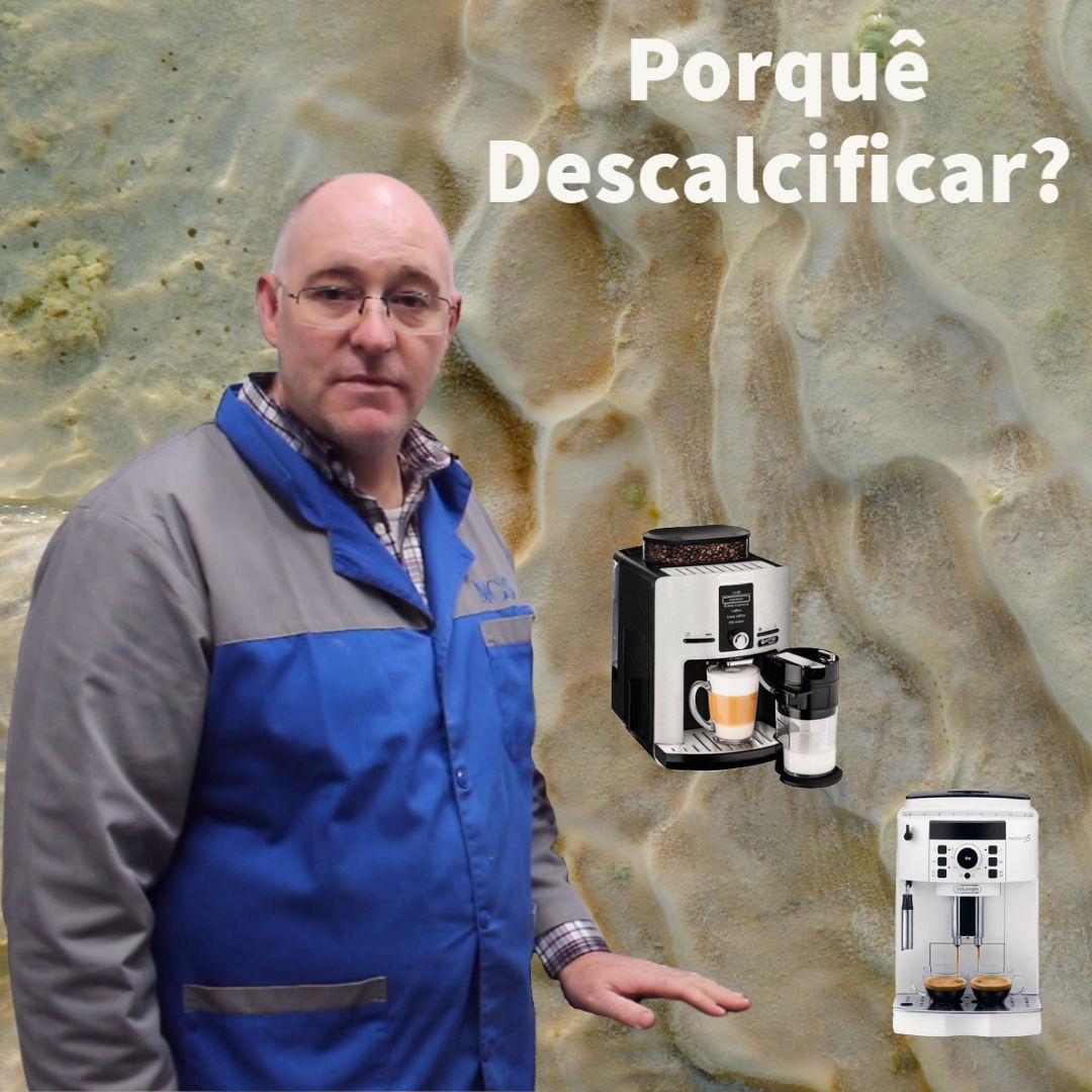 Homem com bata azul e cinza junto a imagens de máquinas de café expresso com texto