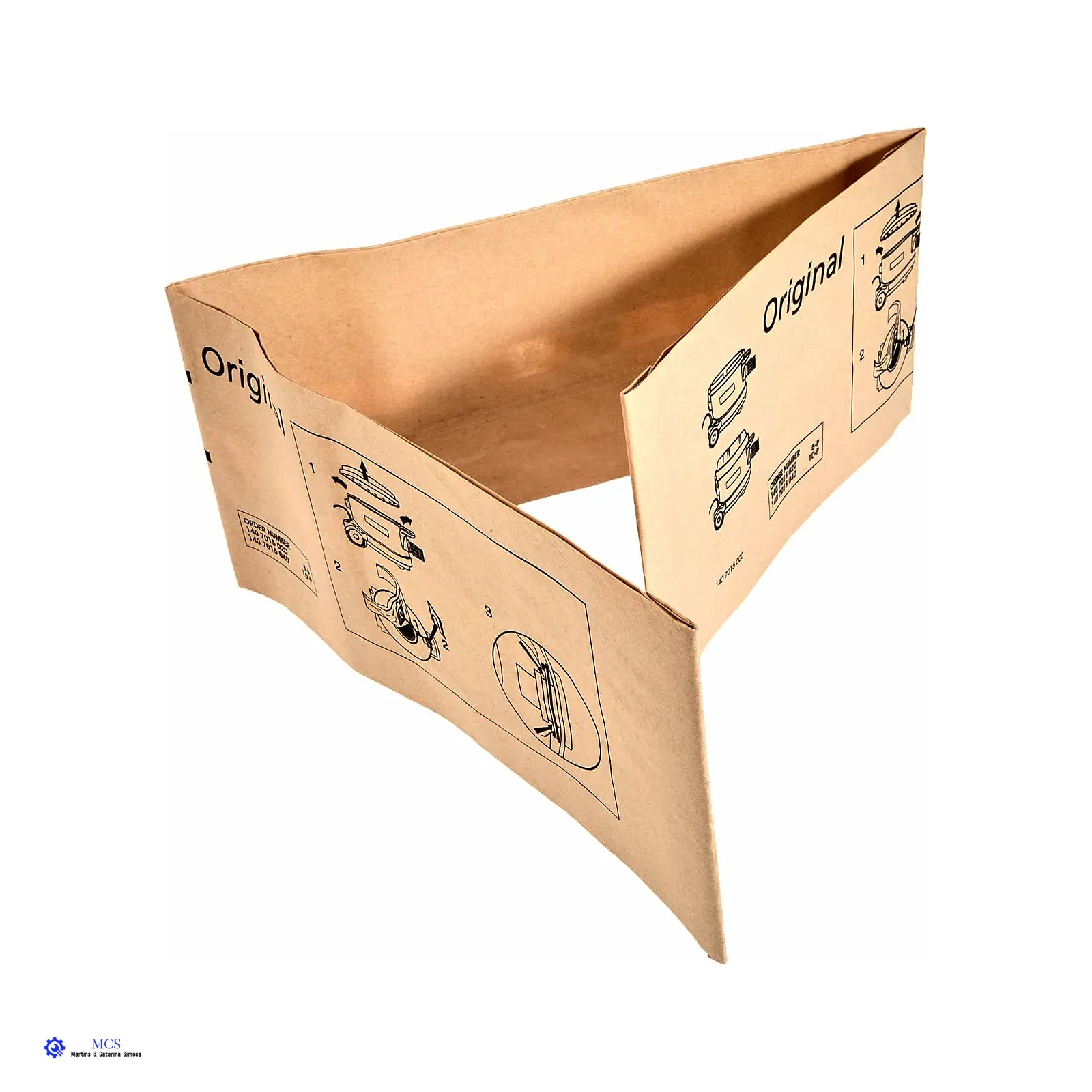 Sacos para Aspirador Nilfisk GD930 – Pack de 5 ou 10 Unidades (Ref. 1407015020 / 1407015040) Embalagem de papel castanho reciclado com instruções e texto 'Original'
