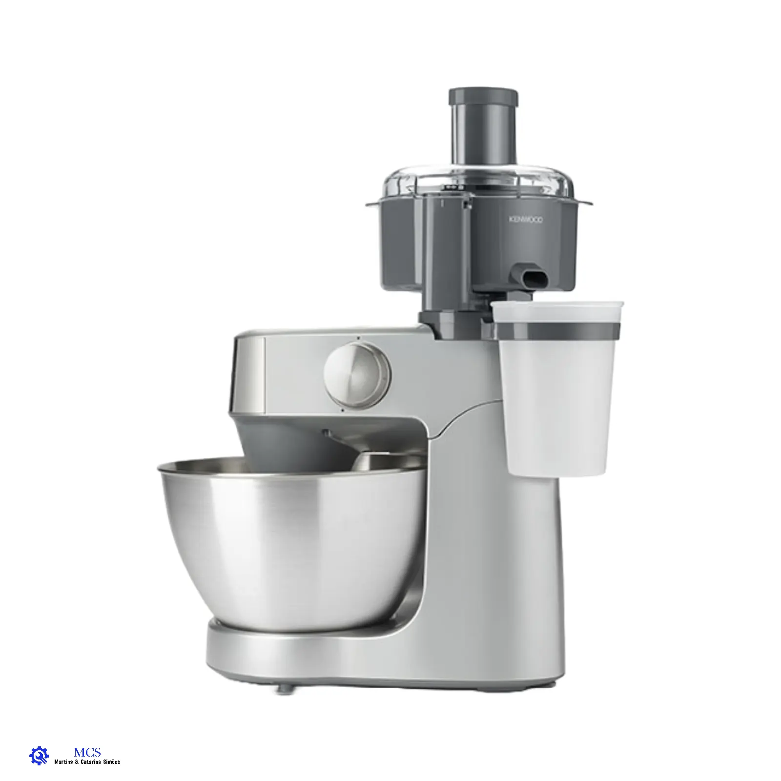 Centrifugadora Sumos kenwood KAP80.000GY Batedeira KitchenAid cinza prateada com tigela e copo em fundo branco