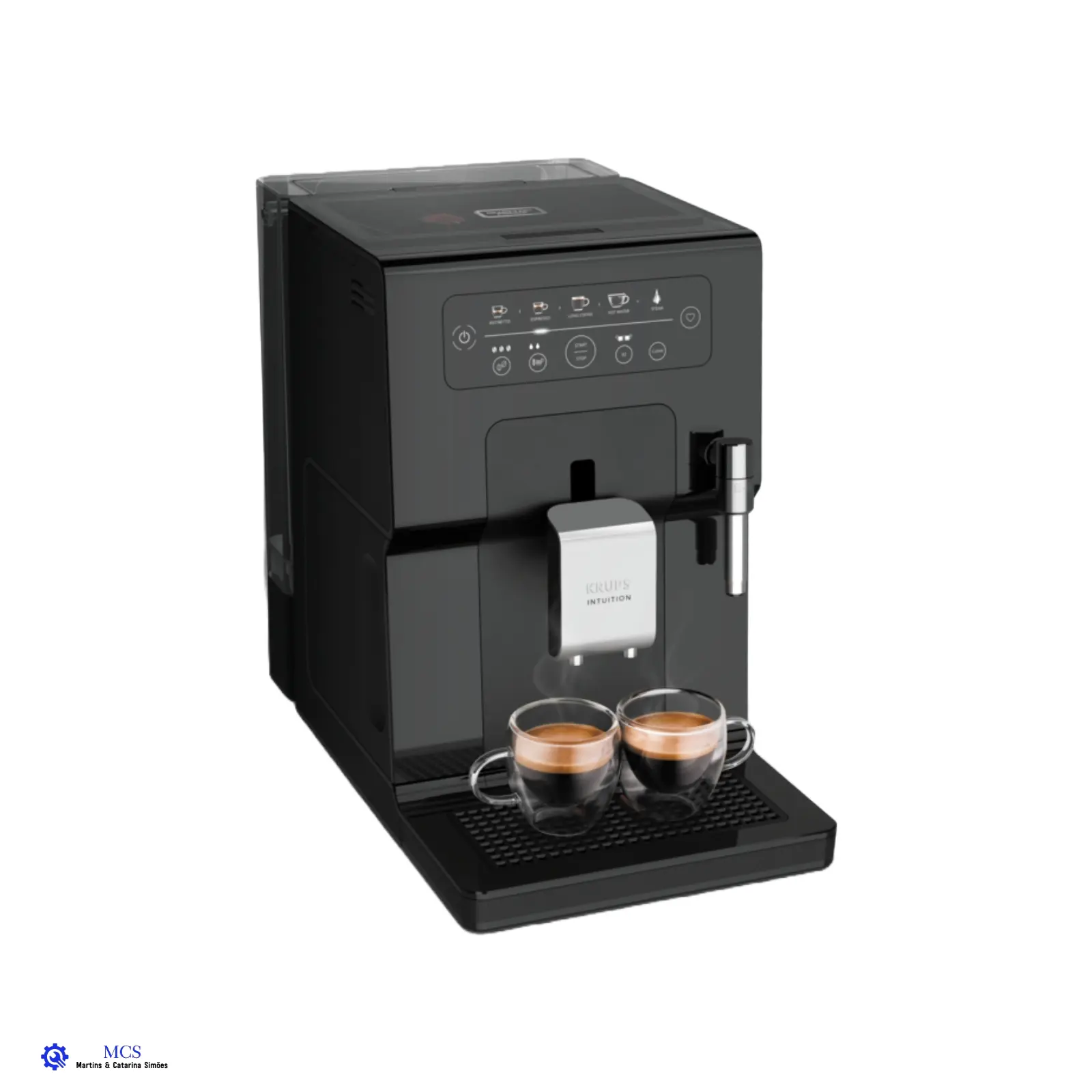 Máquina Café Automática KRUPS Intuition EA870810 Máquina de café preta automática com painel frontal e duas chávenas de café expresso