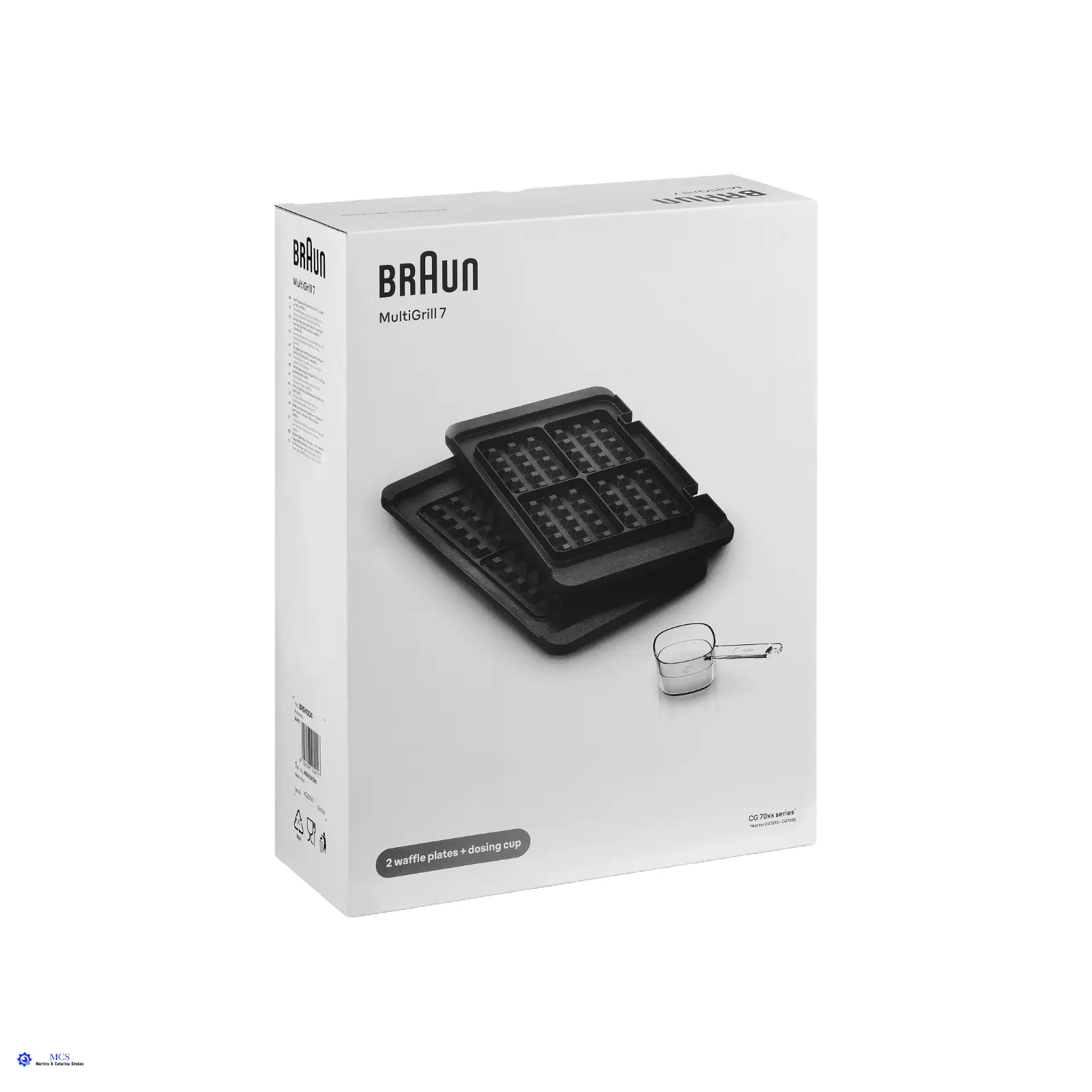 Placas Waffles grelhador Multigrill 7 BRSK004 Embalagem branca com tábuas pretas para waffles e texto Braun MultiQuick 7