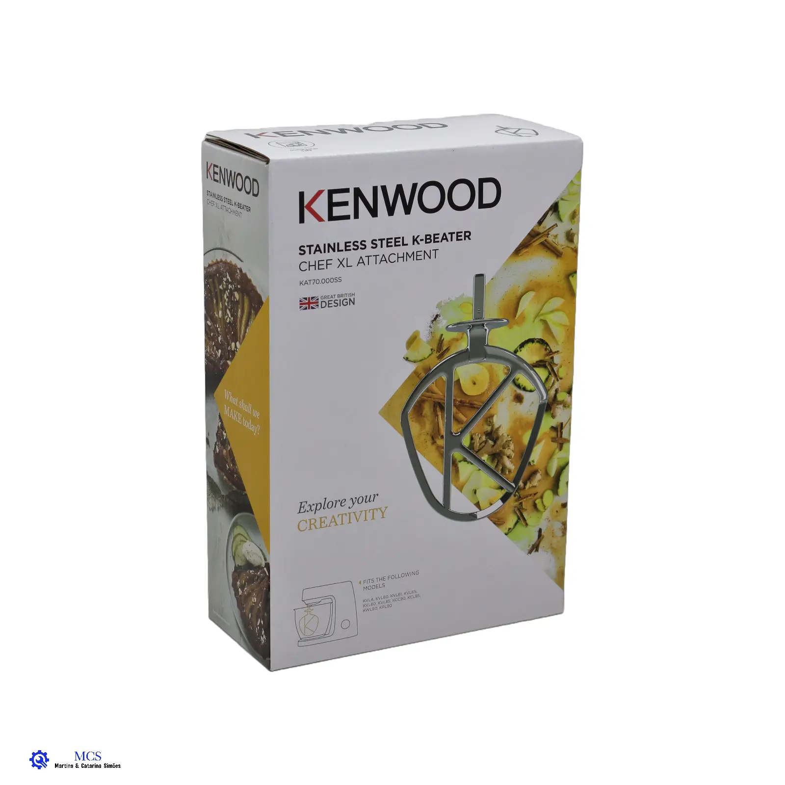 Batedor K Aço Inox Kenwood KAT70000SS Caixa branca de acessório Kenwood para batedeira, com batedor em aço inoxidável e imagens de alimentos