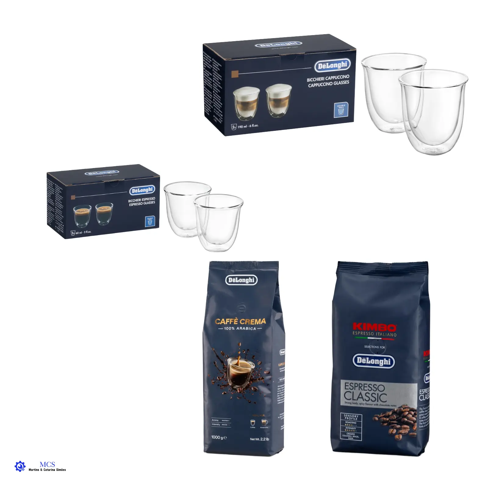 Bundle Café De’Longhi Kimbo Classic & Caffè Crema – Café em Grão + Copos Espresso e Cappuccino Embalagens de café DeLonghi Caffè Crema e Kimbo Espresso Classic e conjuntos de copos de vidro duplo para cappuccino e espresso