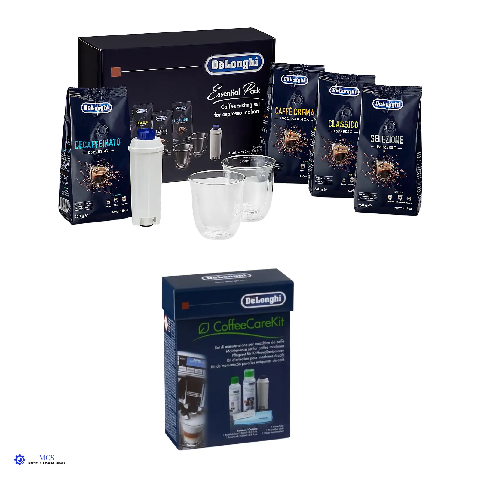 Bundle Essencial De’Longhi – Degustação de Café em Grão + Kit Completo de Manutenção Conjunto DeLonghi com pacotes de café e kit de manutenção