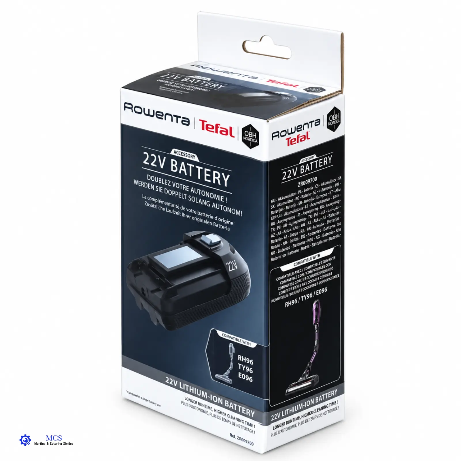 Bateria Original Rowenta ZR009700 22 V para X-Force 8.60 Embalagem de bateria Rowenta Tefal 22V em branco e preto com texto e imagem da bateria