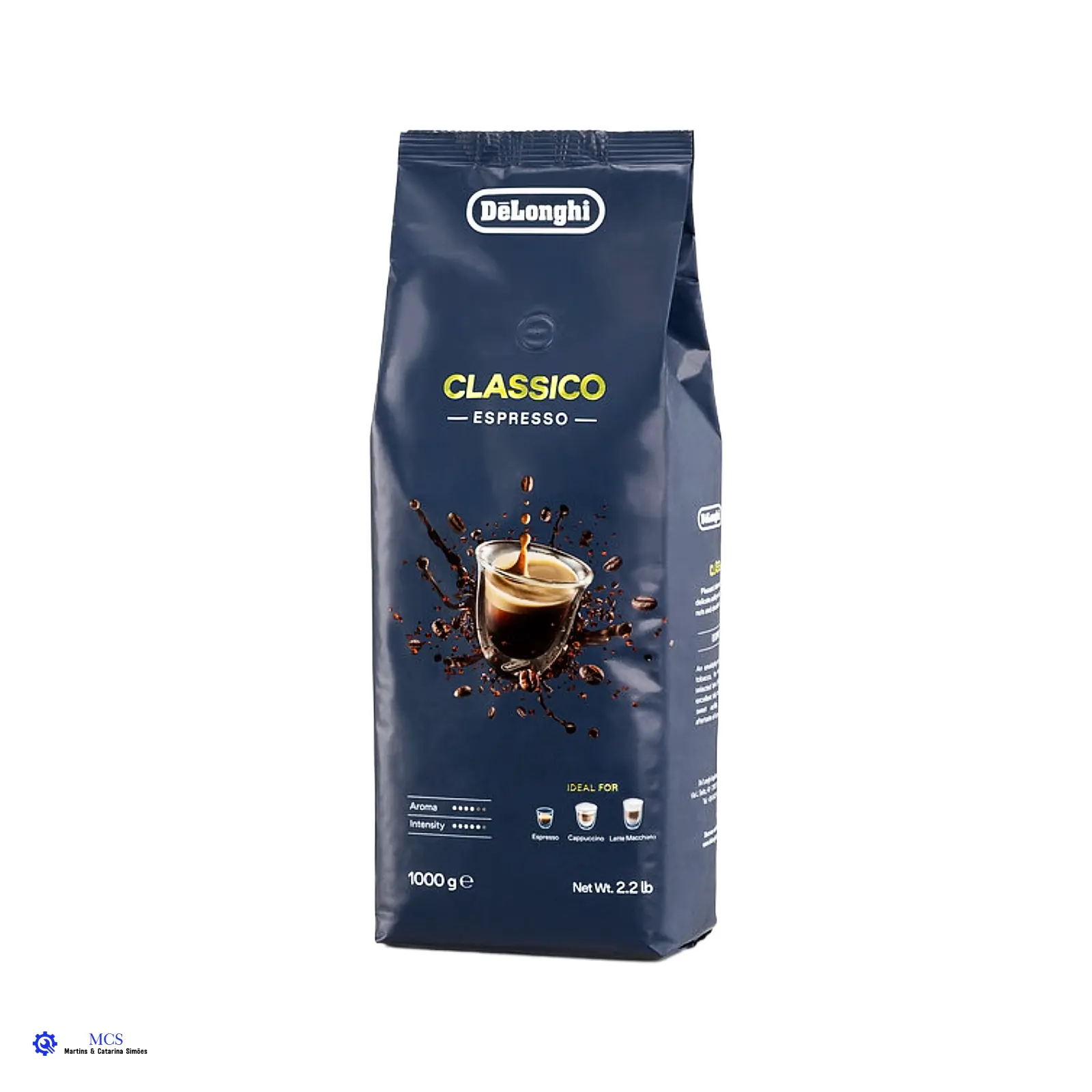 Café em Grão De’Longhi Classico 50% Arabica · 50% Robusta | Torra Média | 250 g ou 1 kg Pacote azul escuro de café DeLonghi Classico Espresso 1000 g com imagem de um café espresso