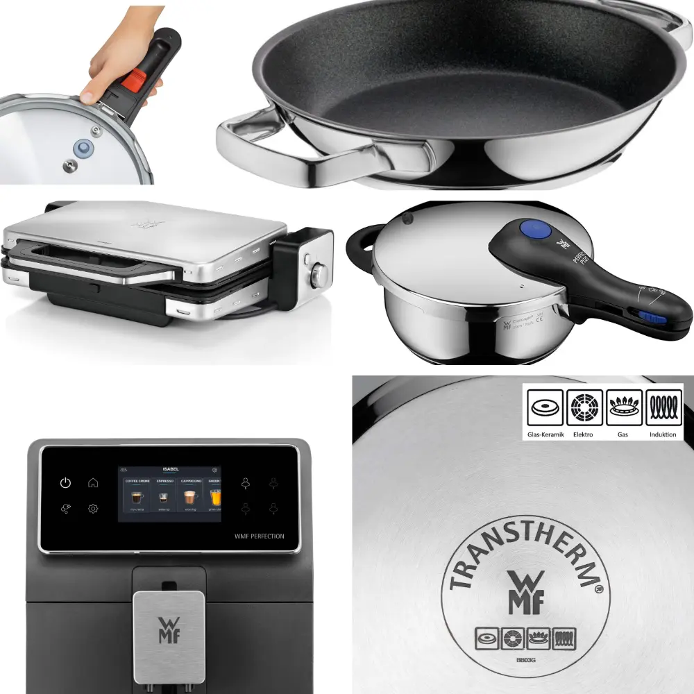 Conjunto de utensílios de cozinha WMF incluindo panela de pressão, grelhador, frigideira, e máquina de café