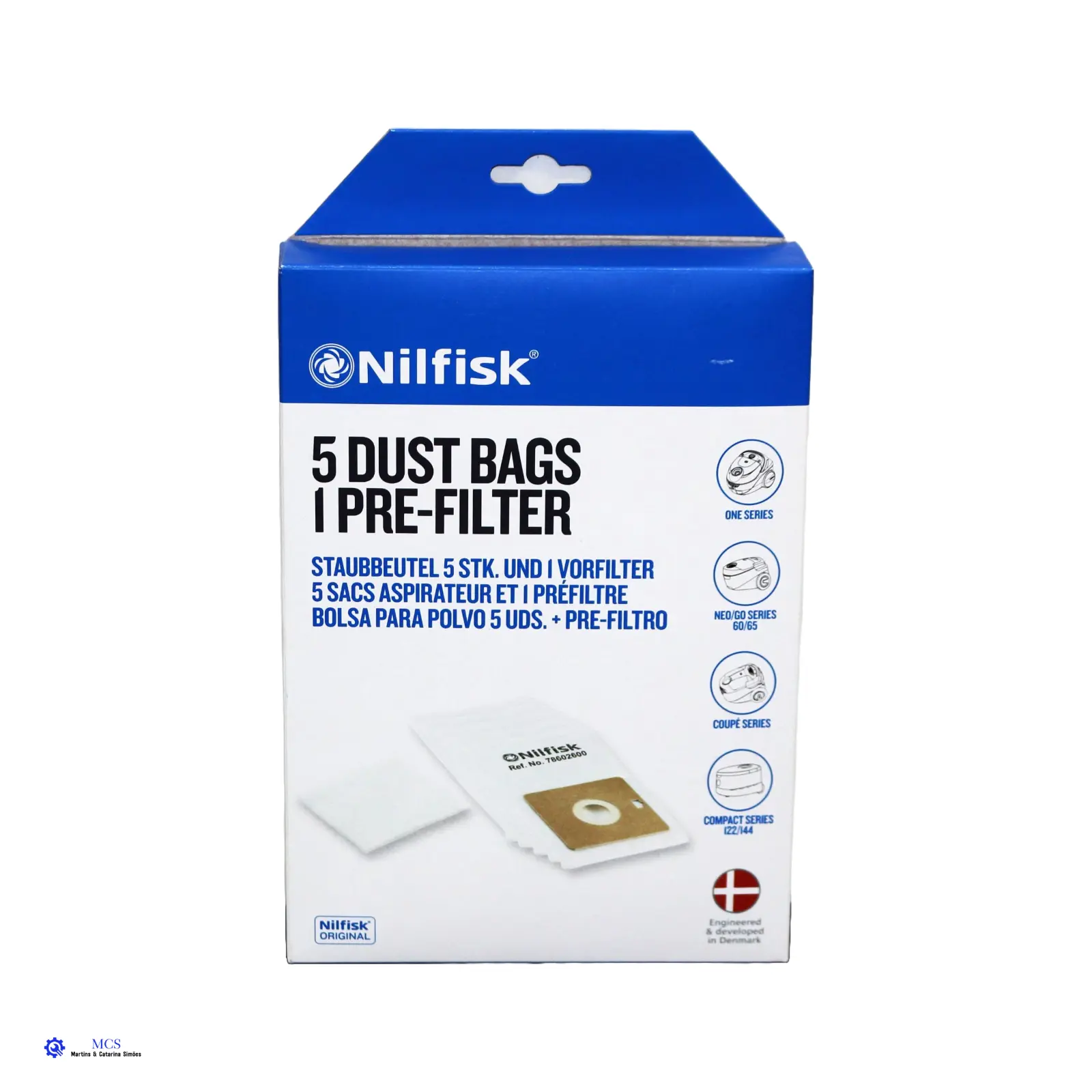 Sacos de aspirador Nilfisk Coupe, Go, One, Compact Embalagem Nilfisk 5 sacos de pó e 1 pré-filtro azul e branca