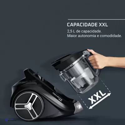 Aspirador de pó preto com recipiente transparente para pó e texto CAPACIDADE XXL