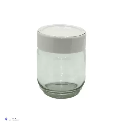 Frasco de vidro transparente com tampa branca