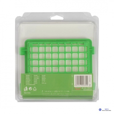 Filtro de aspiração de pó verde e branco em embalagem transparente