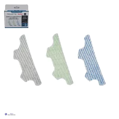 Conjunto de panos ou filtros para aspirador com riscas coloridas e embalagem.