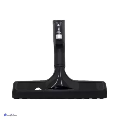 Cabeça de aspirador preta em plástico com botão e texto em branco