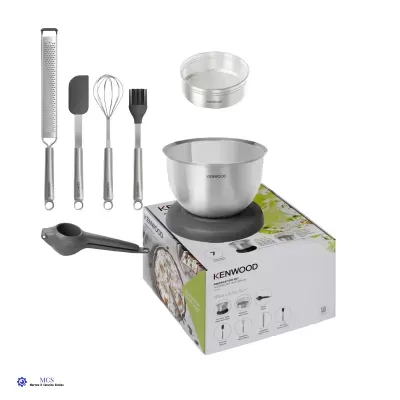 Conjunto de utensílios de cozinha Kenwood com tigela, peneira e acessórios em aço inoxidável e silicone cinza.