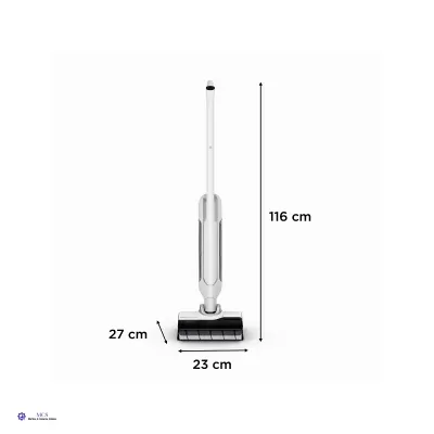 aspirador vertical branco com detalhes cinza