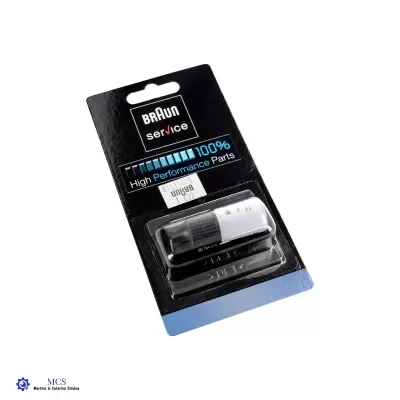 Peça de alta performance BRAUN service embalada em plástico preto e azul.