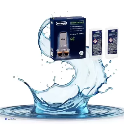Produto Descalcificante DeLonghi ECODECAL mini P5 com embalagem azul e splash de água