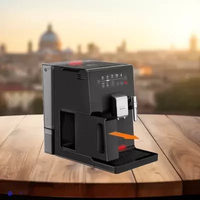 Máquina de café expresso preta com painel tátil e bandeja deslizante