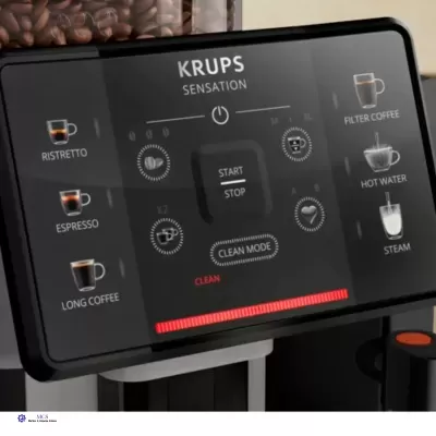 Painel digital de máquina de café KRUPS SENSATION com várias opções de bebidas e botões.