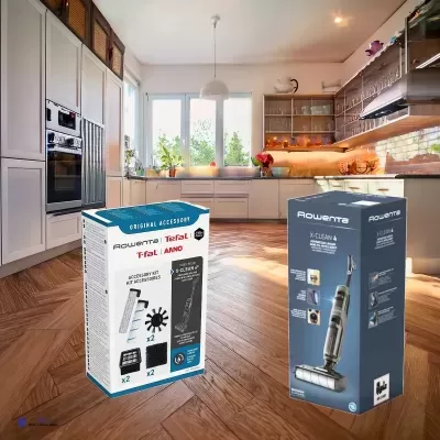 Cozinha moderna com embalagens de aspirador Rowenta em primeiro plano