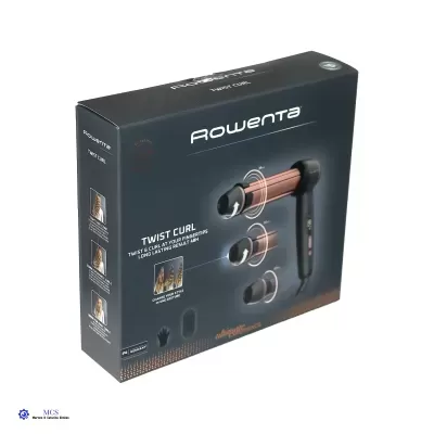 Caixa de modelador de cabelo Rowenta Twist Curl preto e cobre com texto e imagens na embalagem.