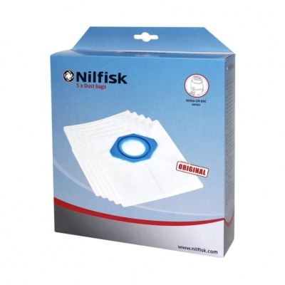 Embalagem de 5 sacos de pó para aspirador Nilfisk, caixa azul e cinza com anel azul nos sacos