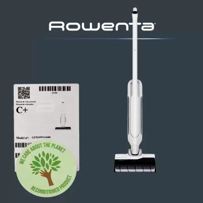 Aspirador vertical branco Rowenta com etiquetas e selo ambiental verde
