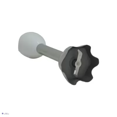 Utensílio de cozinha com cabo branco, haste metálica e lâminas em plástico preto em formato de estrela