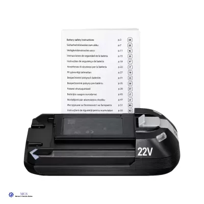 Bateria preta com texto 22V e manual de instruções multilíngue ao fundo